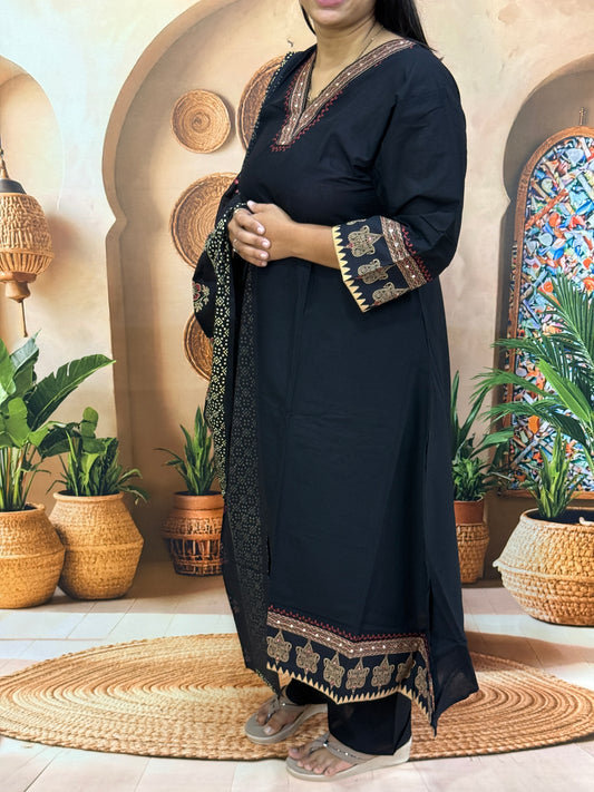 ALINE KURTI PLAZO WITH DUPATTA (DHABU COTTON WITH WORK)