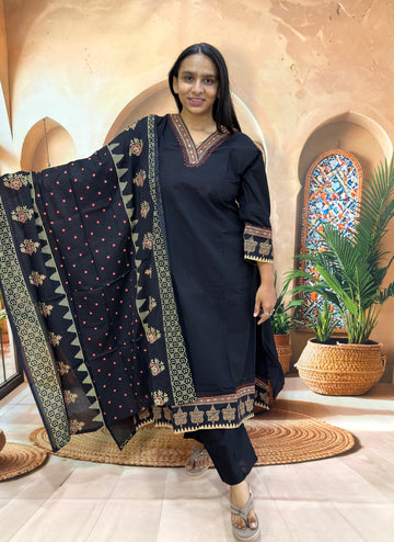 ALINE KURTI PLAZO WITH DUPATTA (DHABU COTTON WITH WORK)