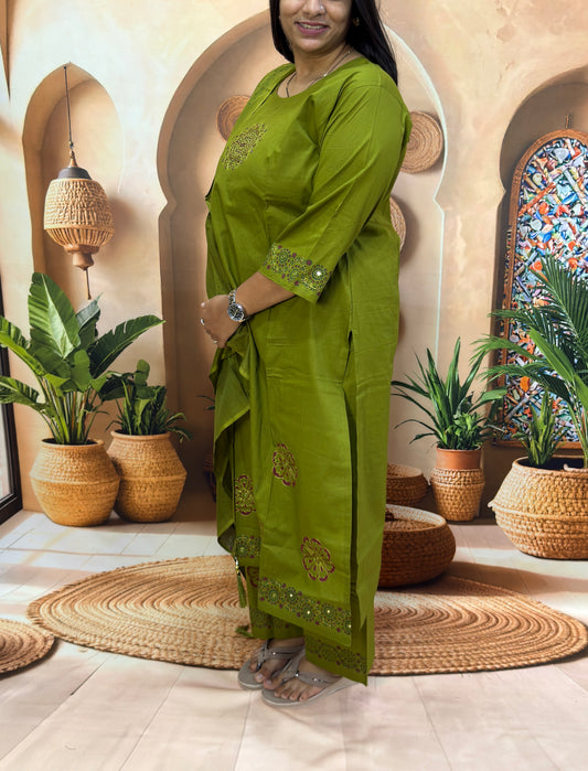 STRAIGHT KURTI PLAZO DUPATTA (DHABU COTTON WITH WORK)