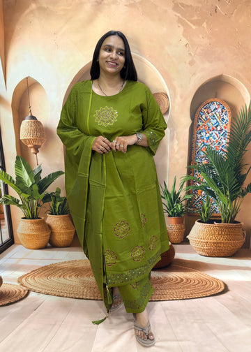 STRAIGHT KURTI PLAZO DUPATTA (DHABU COTTON WITH WORK)
