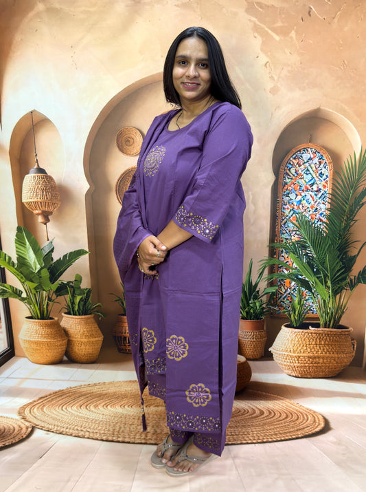 STRAIGHT KURTI PLAZO DUPATTA (DHABU COTTON WITH WORK)