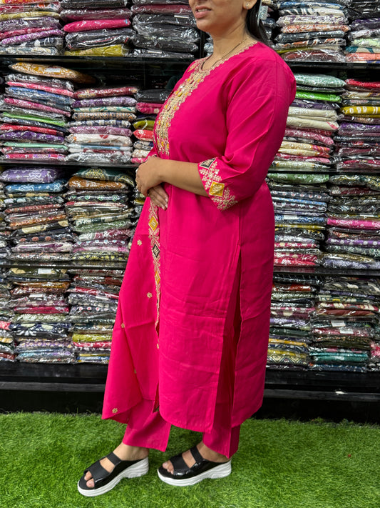 STRAIGHT KURTI PANT DUPATTA (ROMAN SILK(COTTON LINING),WITH WORK)