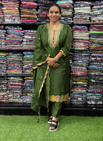 STRAIGHT KURTI PANT DUPATTA (ROMAN SILK(COTTON LINING),WITH WORK)