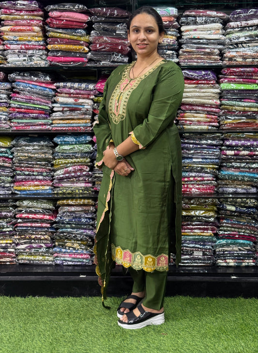 STRAIGHT KURTI PANT DUPATTA (ROMAN SILK(COTTON LINING),WITH WORK)