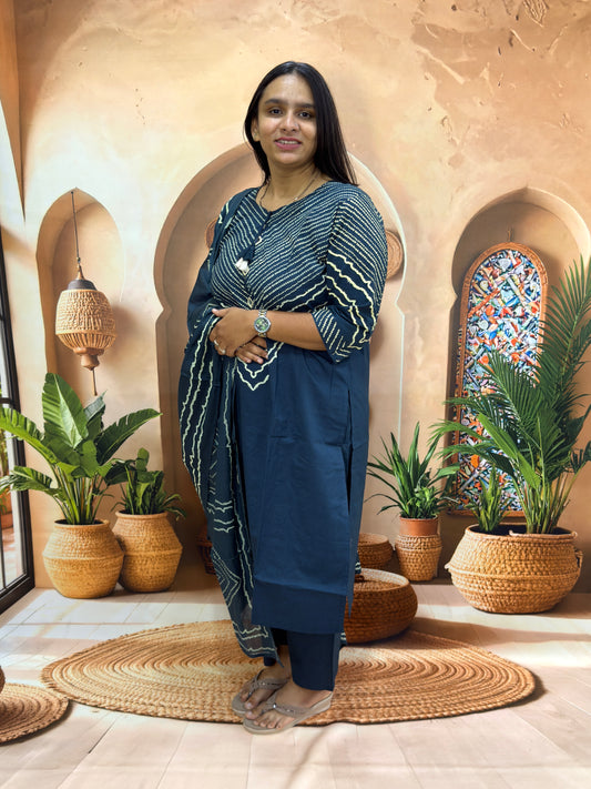 STRAIGHT KURTI PLAZO DUPATTA (DHABU COTTON WITH WORK)