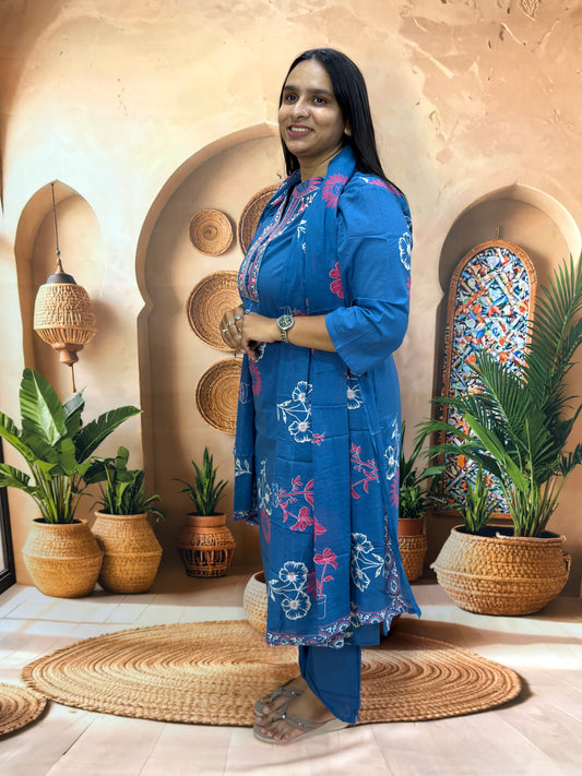 STRAIGHT KURTI PLAZO DUPATTA (PURE CAMRIC COTTON WITH WORK)