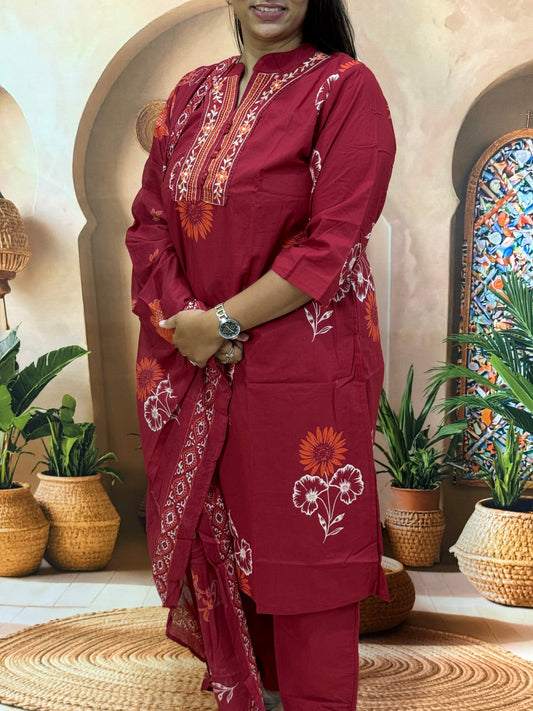 STRAIGHT KURTI PLAZO DUPATTA (PURE CAMRIC COTTON WITH WORK)