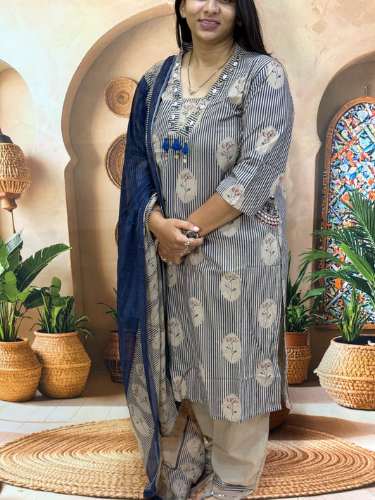 STRAIGHT KURTI PANT DUPATTA (PURE CAMRIC COTTON WITH WORK)