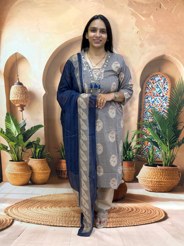 STRAIGHT KURTI PANT DUPATTA (PURE CAMRIC COTTON WITH WORK)