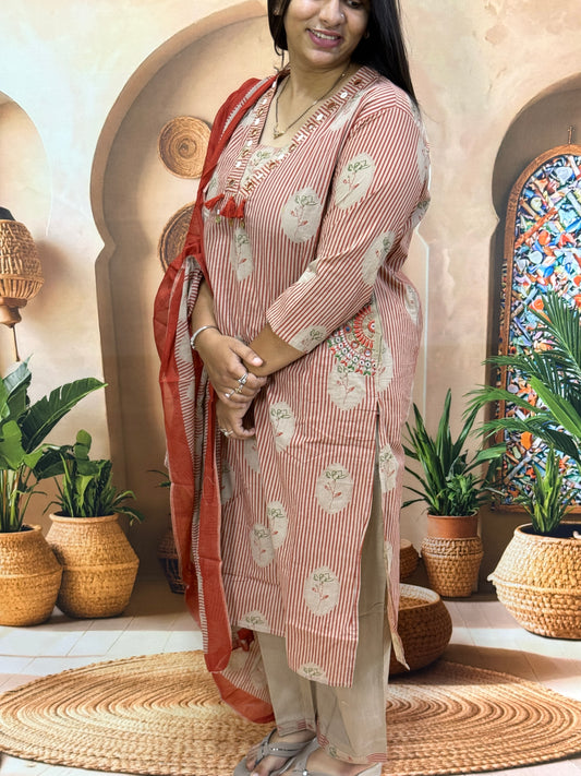 STRAIGHT KURTI PANT DUPATTA (PURE CAMRIC COTTON WITH WORK)