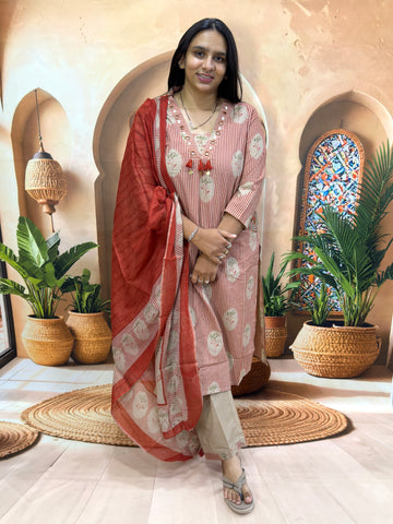 STRAIGHT KURTI PANT DUPATTA (PURE CAMRIC COTTON WITH WORK)