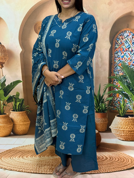 STRAIGHT KURTI PLAZO DUPATTA (DHABU COTTON WITH WORK)