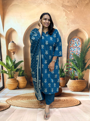 STRAIGHT KURTI PLAZO DUPATTA (DHABU COTTON WITH WORK)