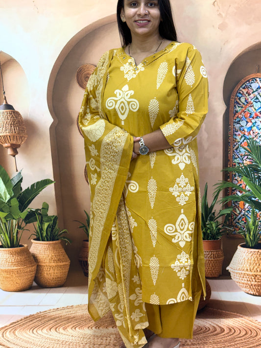 STRAIGHT KURTI PLAZO DUPATTA (DHABU COTTON WITH WORK)