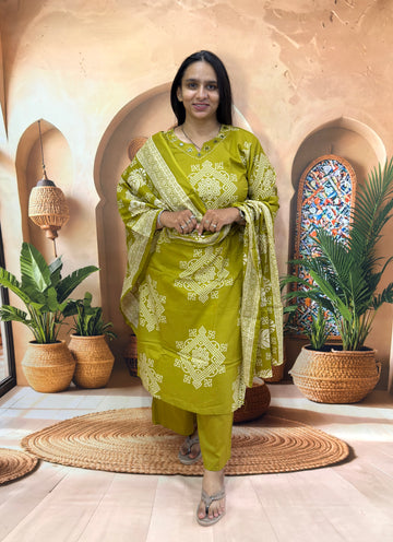 STRAIGHT KURTI PLAZO DUPATTA (DHABU COTTON WITH WORK)