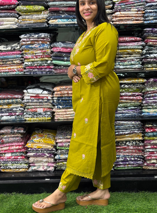 STRAIGHT KURTI WITH PLAZO (KHADI COTTON,WITH WORK)