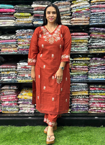 STRAIGHT KURTI WITH PLAZO (KHADI COTTON,WITH WORK)