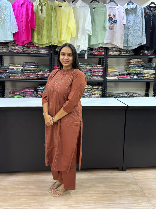 STRAIGHT KURTI PLAZO (DHABU COTTON WITH WORK)