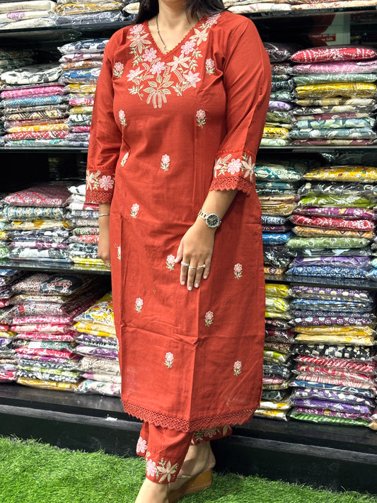 STRAIGHT KURTI WITH PLAZO (KHADI COTTON,WITH WORK)