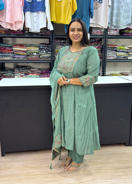 ROUND KURTI PANT DUPATTA ( ROMAN SILK WITH WORK)