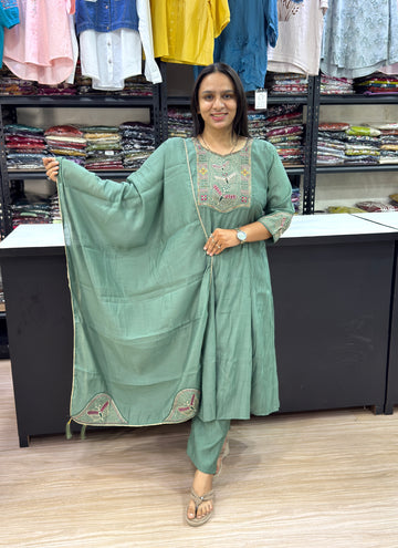 ROUND KURTI PANT DUPATTA ( ROMAN SILK WITH WORK)