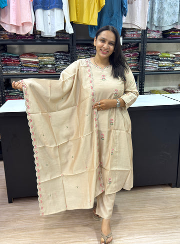 ROUND KURTI PANT DUPATTA ( ROMAN SILK WITH WORK)
