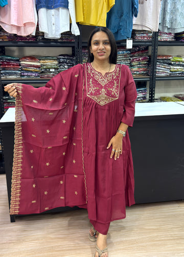 ROUND KURTI PANT DUPATTA ( ROMAN SILK WITH WORK)