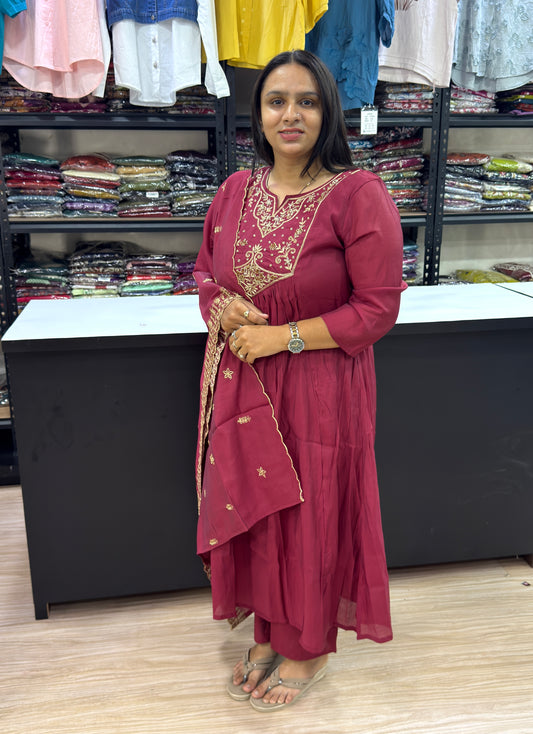 ROUND KURTI PANT DUPATTA ( ROMAN SILK WITH WORK)