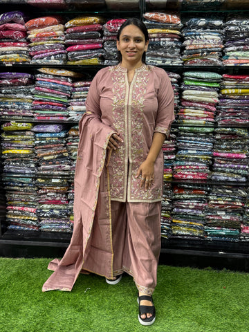 SHORT KURTI PLAZO DUPATTA (ROMAN SILK(COTTON LINING),WITH WORK)