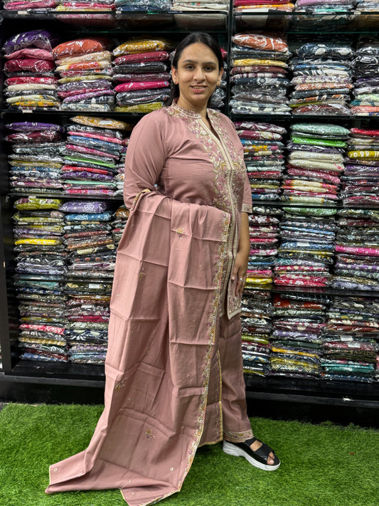 SHORT KURTI PLAZO DUPATTA (ROMAN SILK(COTTON LINING),WITH WORK)