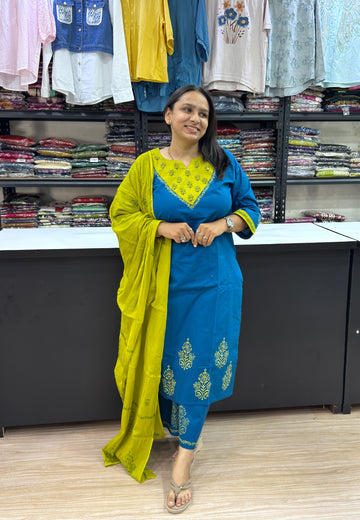 STRAIGHT KURTI PLAZO DUPATTA (DHABU COTTON)