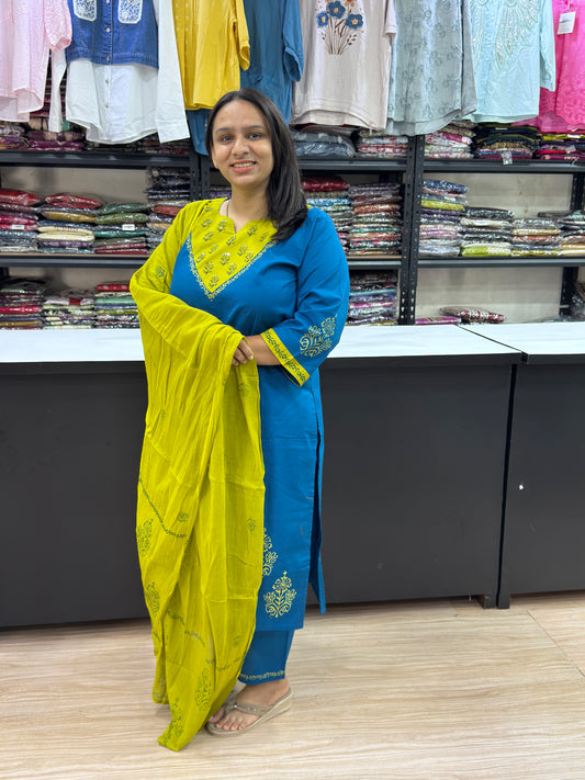STRAIGHT KURTI PLAZO DUPATTA (DHABU COTTON)