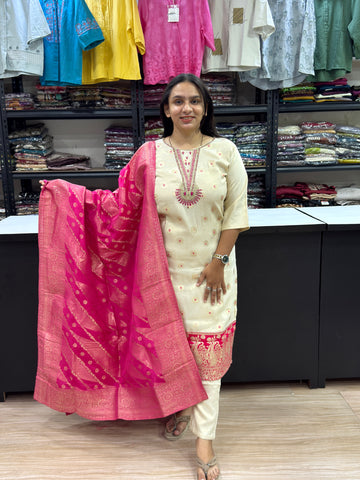 STRAIGHT KURTI PLAZO DUPATTA (BANARASI SILK)