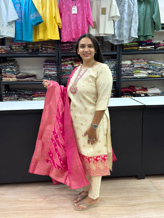 STRAIGHT KURTI PLAZO DUPATTA (BANARASI SILK)