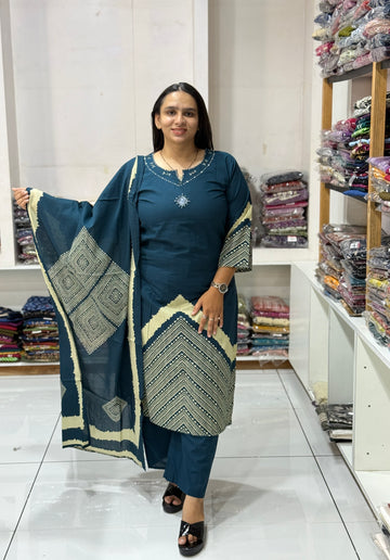 STRAIGHT KURTI PLAZO DUPATTA (DHABU COTTON)
