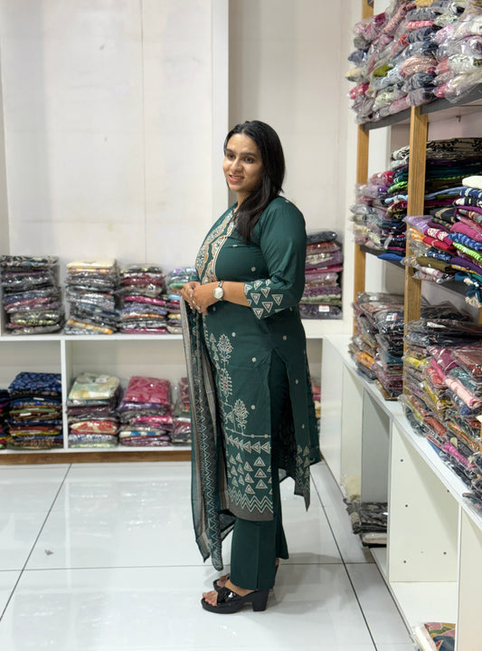 STRAIGHT KURTI PLAZO DUPATTA (DHABU COTTON)