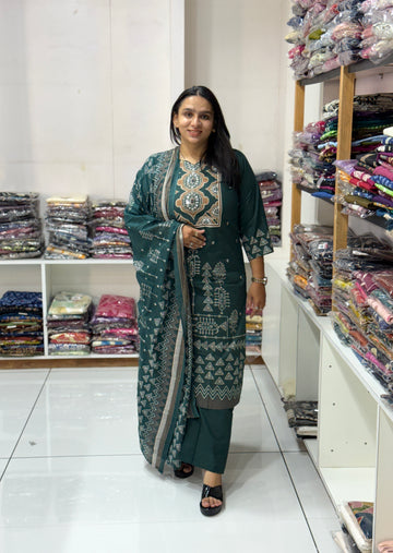 STRAIGHT KURTI PLAZO DUPATTA (DHABU COTTON)