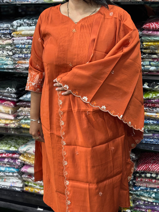 ALINE KURTI PENT DUPATTA (ROMAN SILK WITH LINING,WITH WORK)