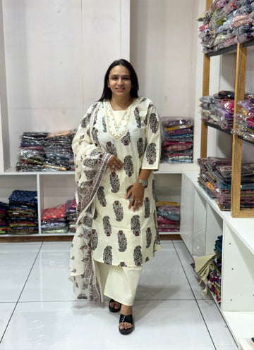 ALINE KURTI PLAZO DUPATTA (DHABU COTTON)