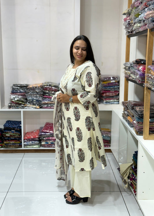 ALINE KURTI PLAZO DUPATTA (DHABU COTTON)