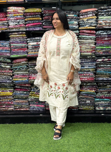 STRAIGHT KURTI PENT DUPATTA (KHADI COTTON ,WITH WORK)