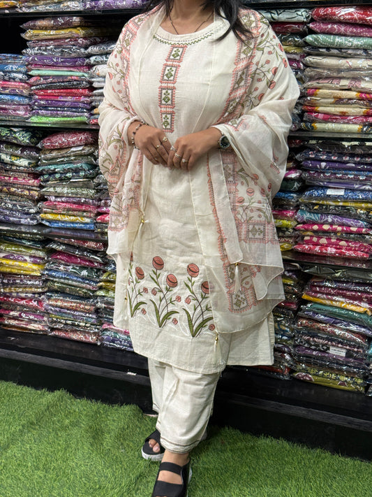 STRAIGHT KURTI PENT DUPATTA (KHADI COTTON ,WITH WORK)