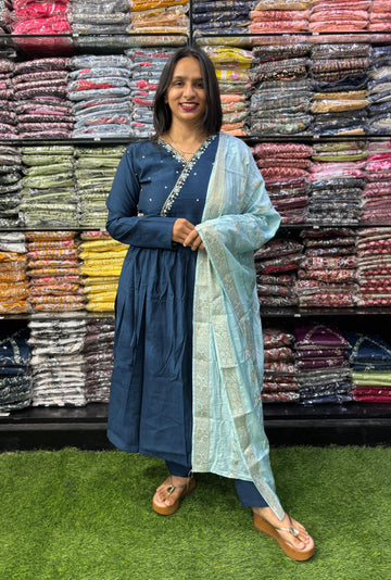 ROUND KURTI PENT DUPATTA (VERTICAN SILK (COTTON LINING) ,WITH WORK)