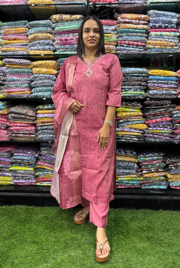 STRAIGHT KURTI PENT DUPATTA (SUMMER SILK (COTTON LINING),WITH WORK)