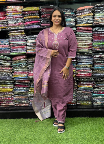 STRAIGHT KURTI PENT DUPATTA (ROMAN SILK (COTTON LINING),WITH WORK)