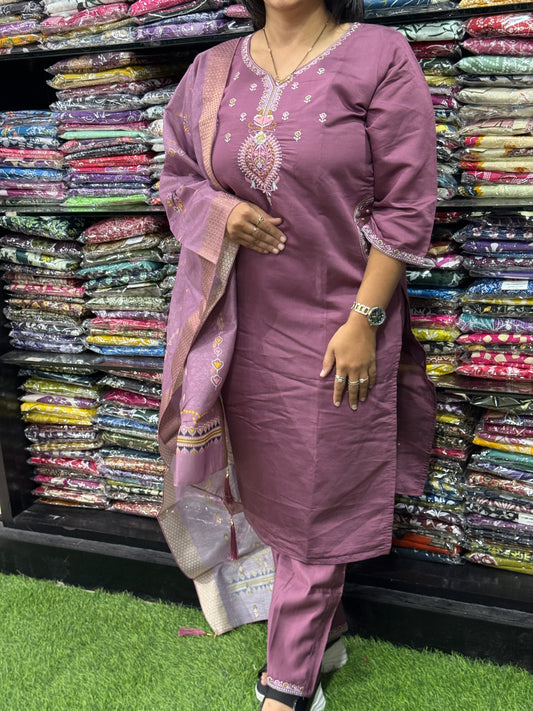 STRAIGHT KURTI PENT DUPATTA (ROMAN SILK (COTTON LINING),WITH WORK)