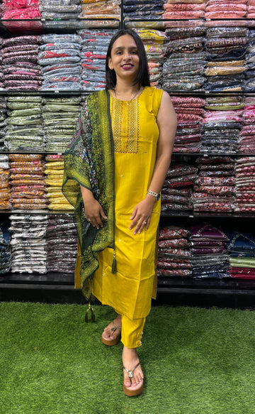 STRAIGHT KURTI PENT DUPATTA (ROMAN SILK (COTTON LINING),WITH WORK)