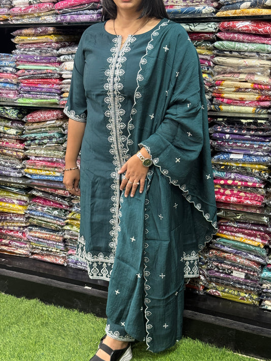 ALINE KURTI PENT DUPATTA (ROMAN SILK(COTTON LINING),WITH WORK)