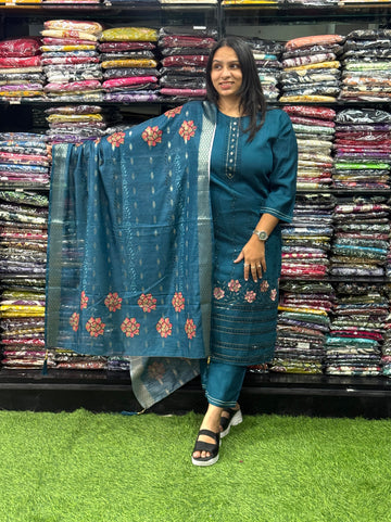 STRAIGHT KURTI PENT DUPATTA (VERTICAN SILK(COTTON LINING),WITH WORK)