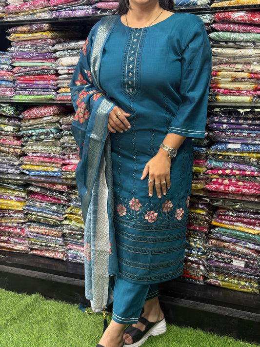 STRAIGHT KURTI PENT DUPATTA (VERTICAN SILK(COTTON LINING),WITH WORK)